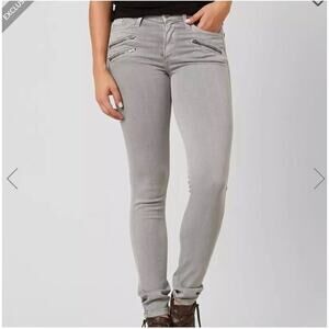 GILDED INTENT gray light wash moto style 27" waist multiple zippers w/stretch